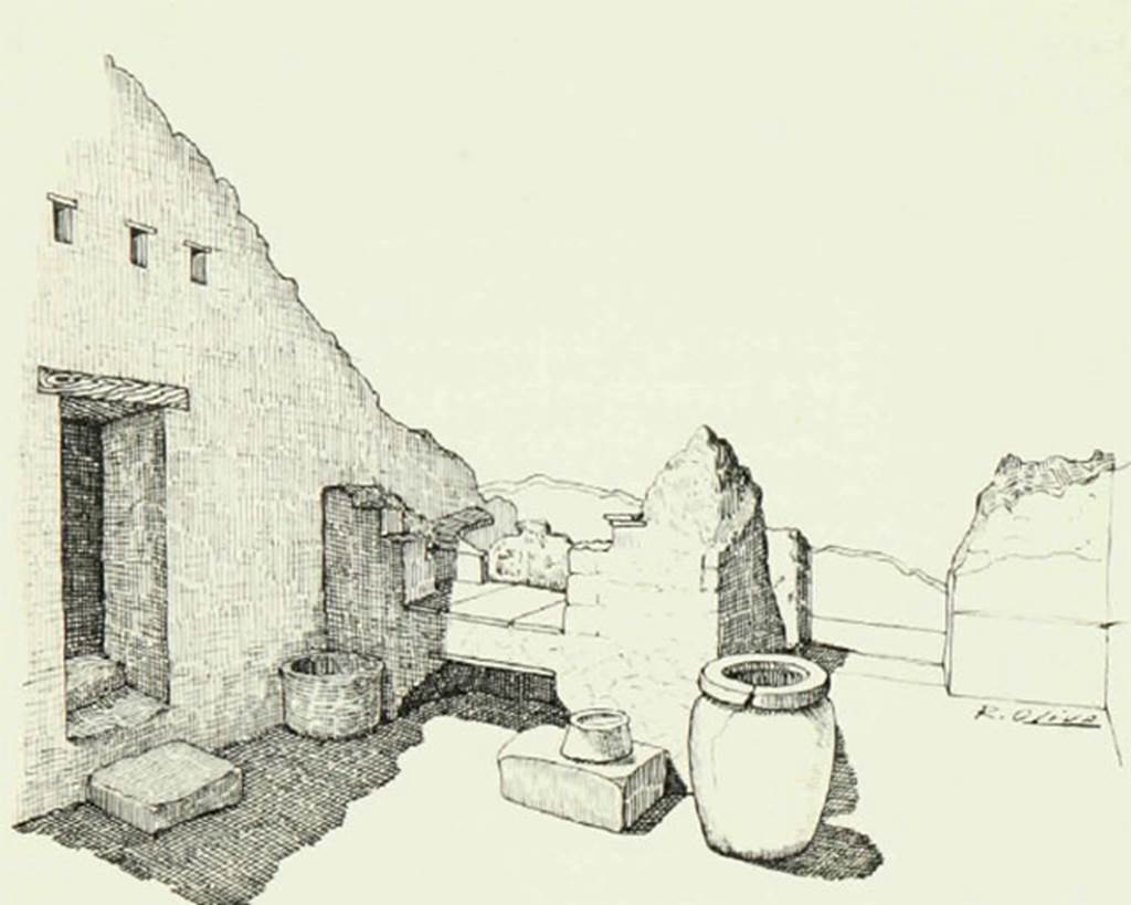 Ins. Or. II, 1ª, Herculaneum. 1958.Room A. Drawing by R. Oliva of oven in north-east corner of bakery.
On the right is the entrance at Ins. Or. II.1a.
On the left are the steps into room D, which led to rooms E and F.
In front of the oven are the basin (e) and dolia (e’).
See Maiuri A., 1958. Ercolano I Nuovi Scavi (1927-1958) Vol. 1. Roma: Istituto Poligrafico dello Stato, p. 452, fig. 402.